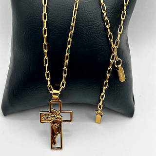 corrente cartie fecho gaveta com pingente cruz cristo